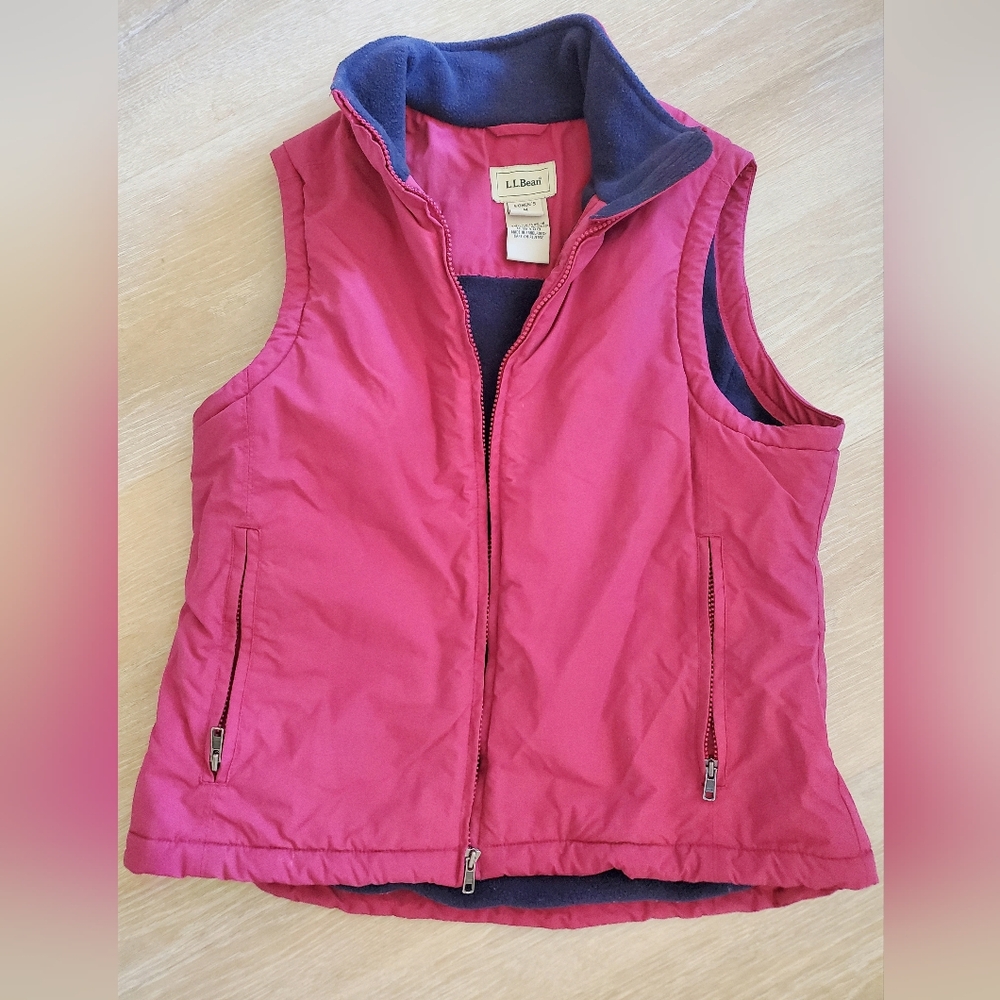 LL Bean Women's Red Nylon Blue Fleece-Lined Vest w/ Zip Pockets MEDIUM - 0WY09